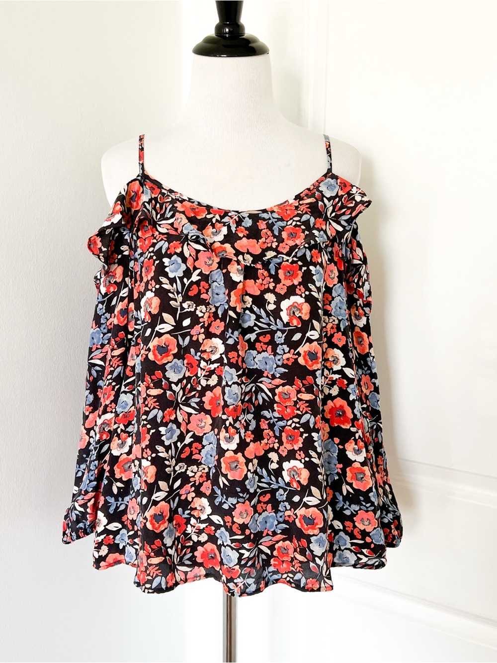 Joie Silk Floral Cold-Shoulder Camisole - Black with Coral & Blue Flowers Medium